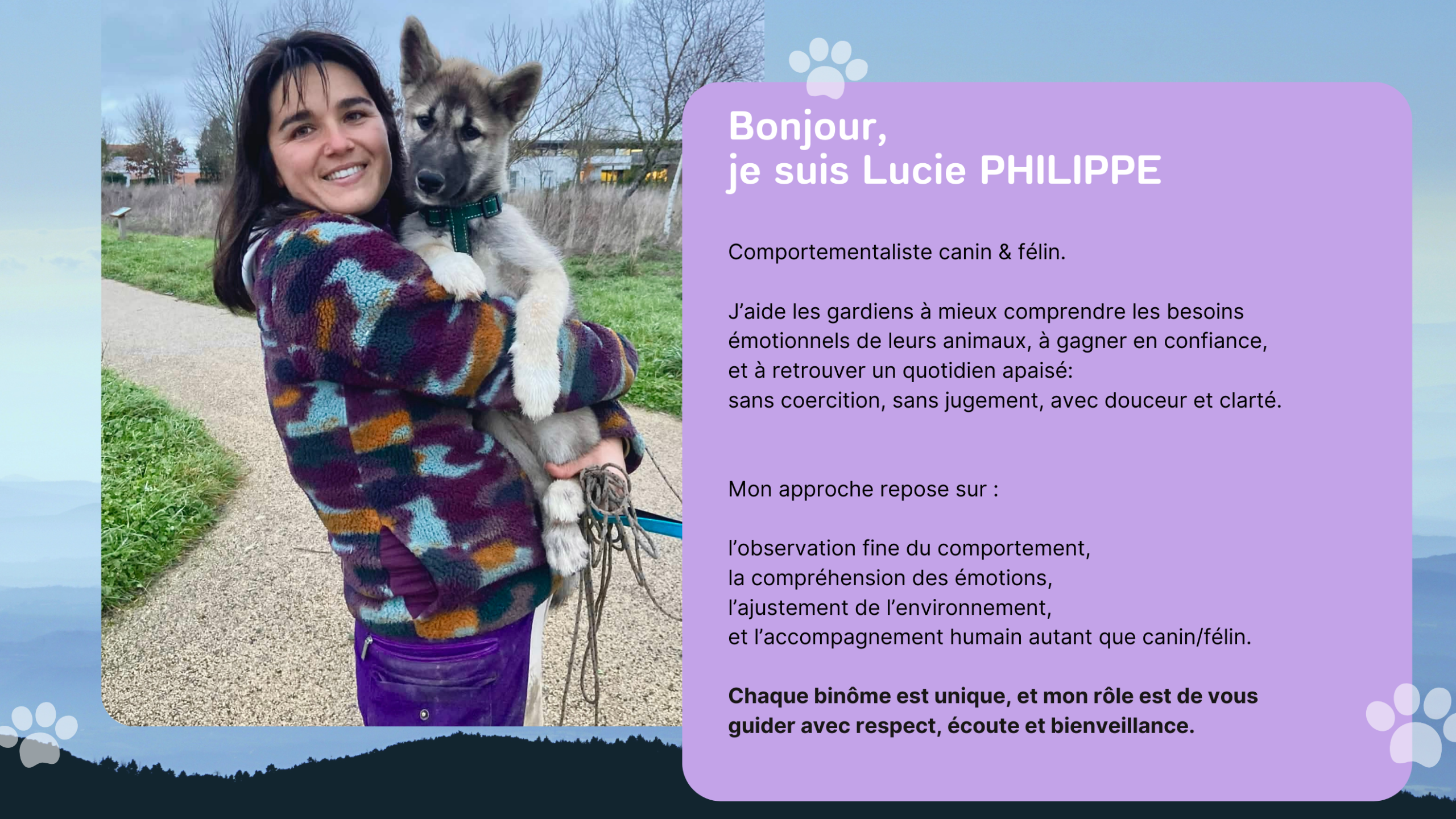 Image avec Lucie et son chiot Amaruq dans les bras. accompagné d