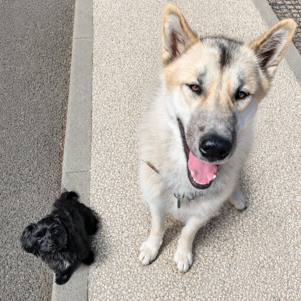 Aya petite chienne croisé bichon aux côtés d'Amaruq jeune esquimau canadien. Le deux chiens sont sagement assis et attentif. la différence de gabarit est remarquable